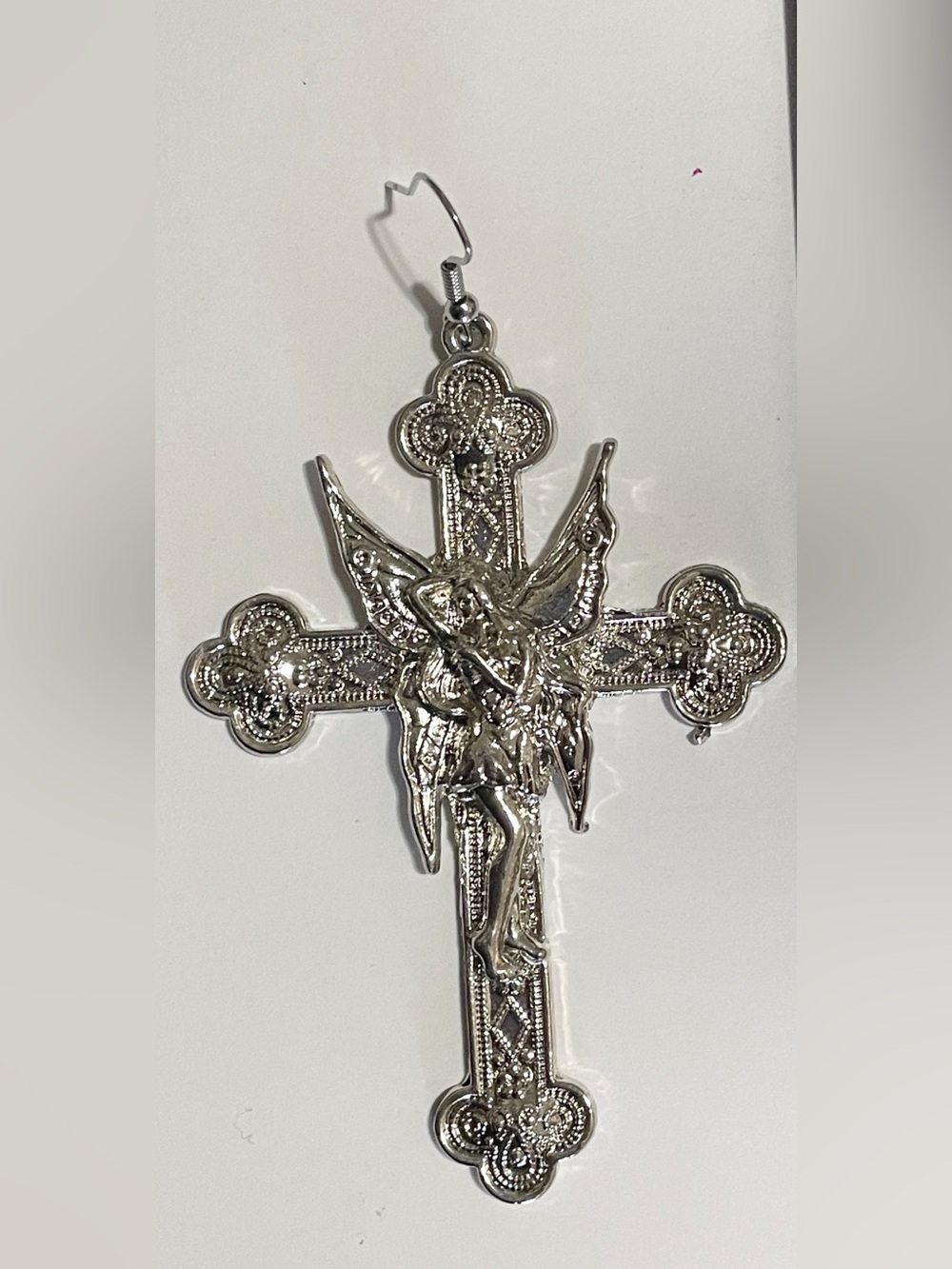 Fairy on Cross Single Drop Earring Silver Toned 3” Statement Goth Whimsigoth